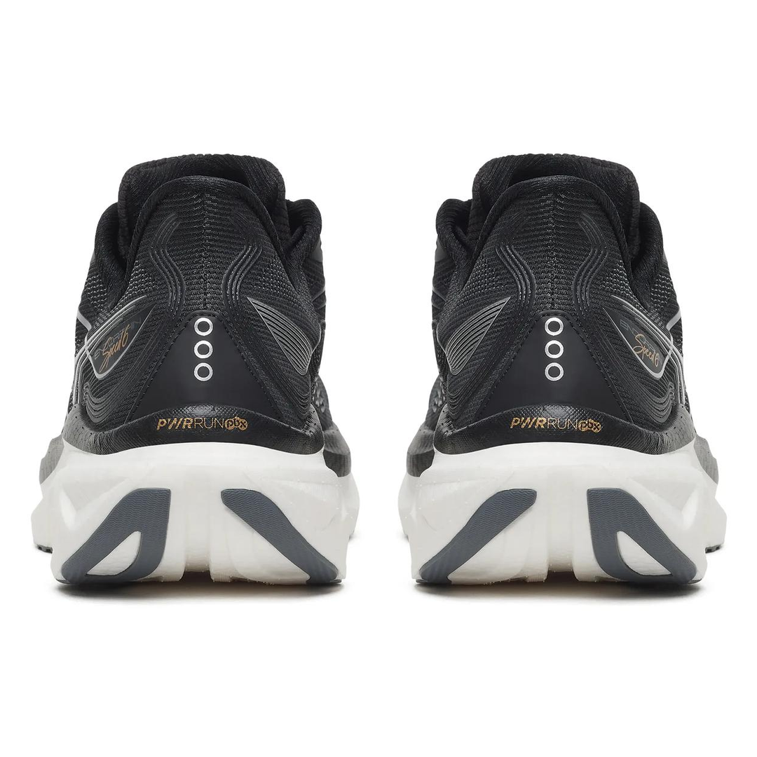 Saucony Endorphin Speed 6 in Black and White, pair viewed from behind 