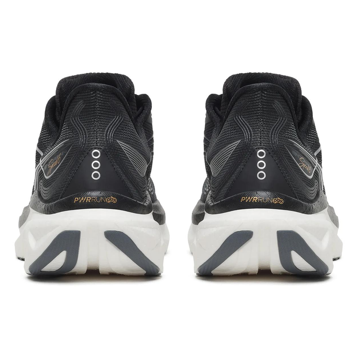 Saucony Endorphin Speed 6 in Black and White, pair viewed from behind 