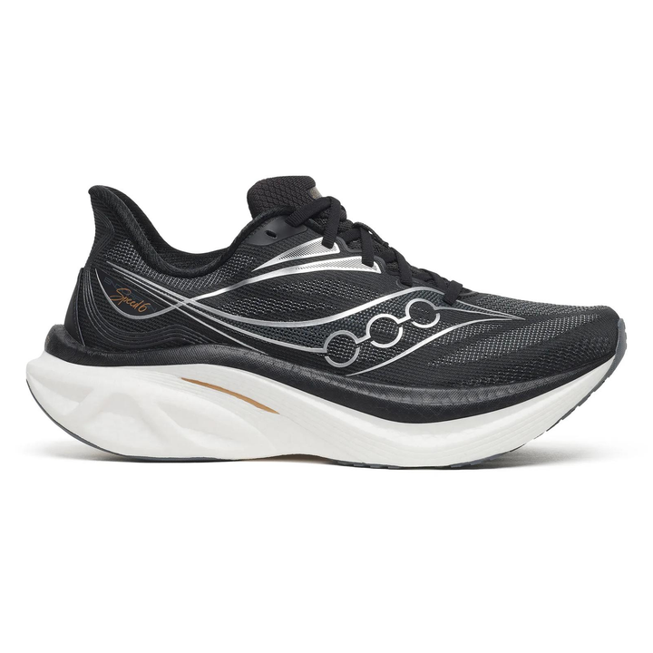 Saucony Endorphin Speed 6 in Black and White, right shoe outside view 