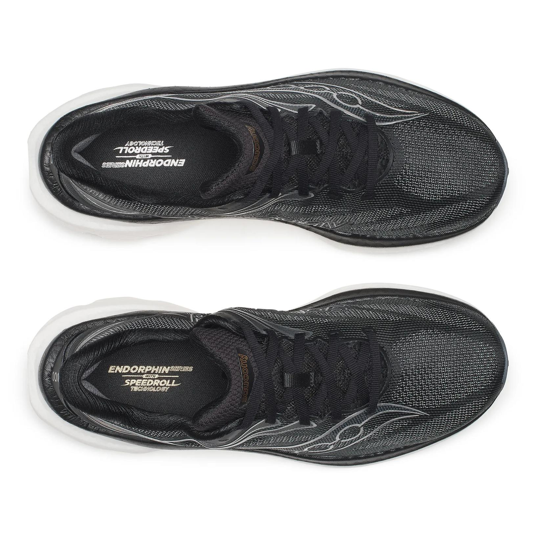 Saucony Endorphin Speed 6 in Black and White, pair viewed from above 