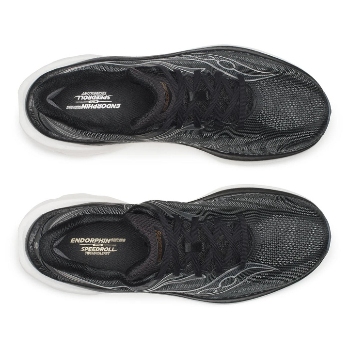 Saucony Endorphin Speed 6 in Black and White, pair viewed from above 