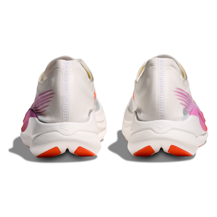 HOKA Rocket X 2 in Frost and Lava, pair viewed from behind 