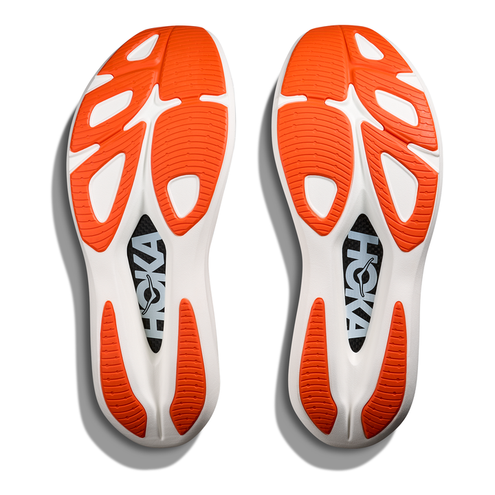 HOKA Rocket X 2 in Frost and Lava, pair of outsoles 