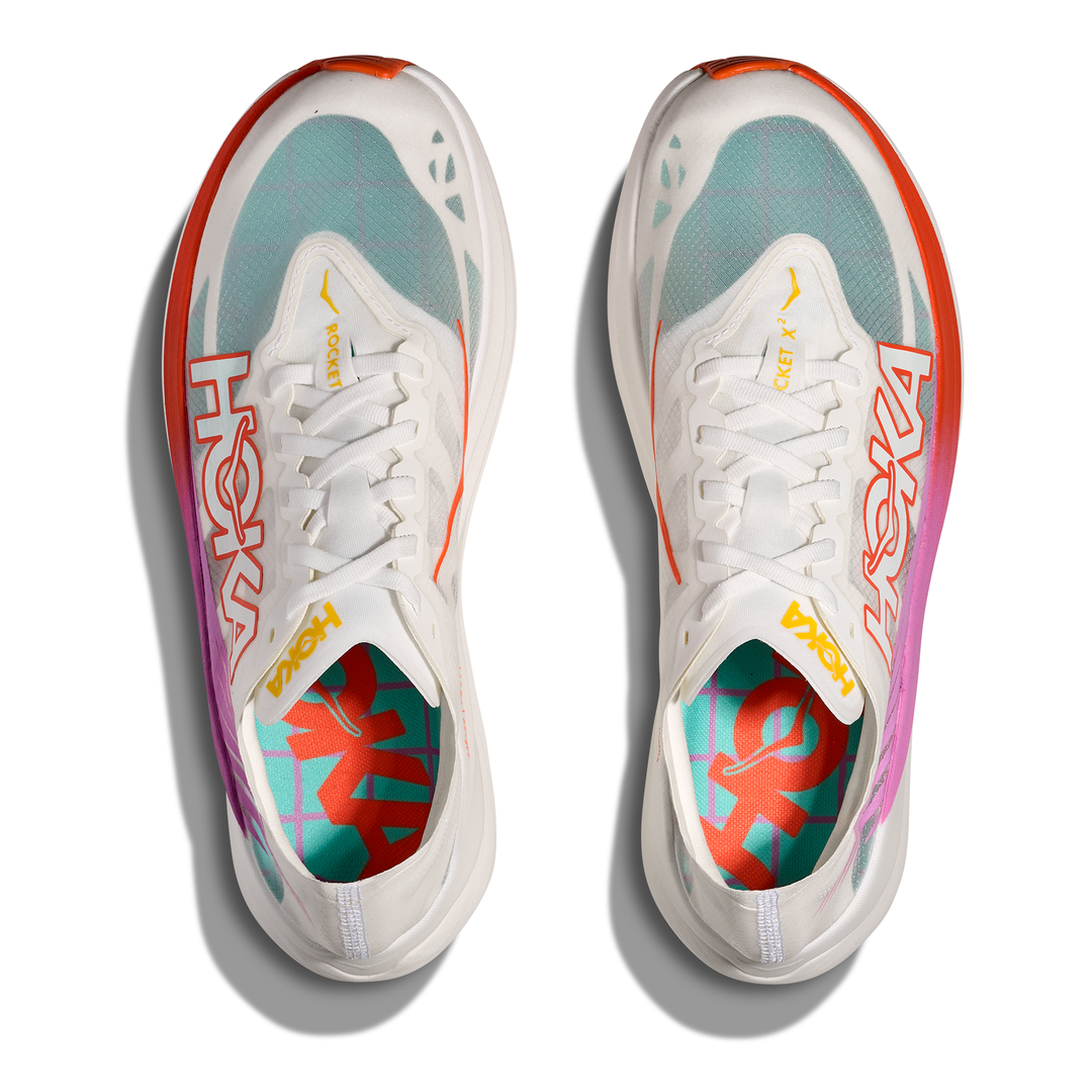 HOKA Rocket X 2 in Frost and Lava, pair viewed from above 