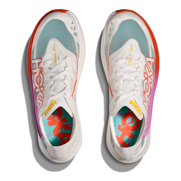 HOKA Rocket X 2 in Frost and Lava, pair viewed from above 