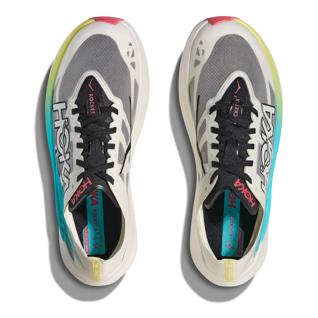 HOKA Rocket X 2 in Yuzu and Cielo Blue, pair viewed from above 