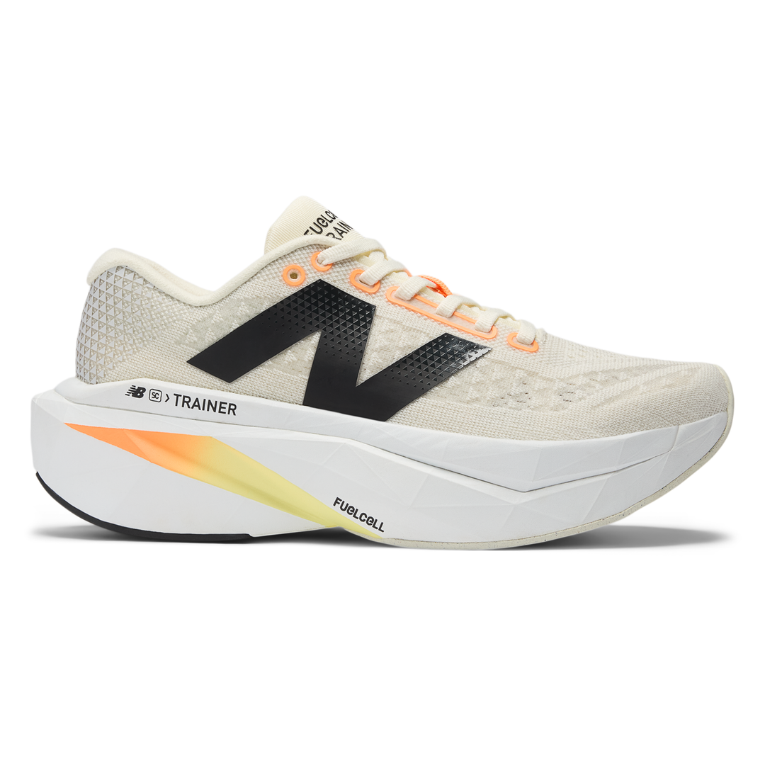 New Balance FuelCell SuperComp Trainer 3 men’s in Angora and Hot Mango and Black, right shoe outside view 