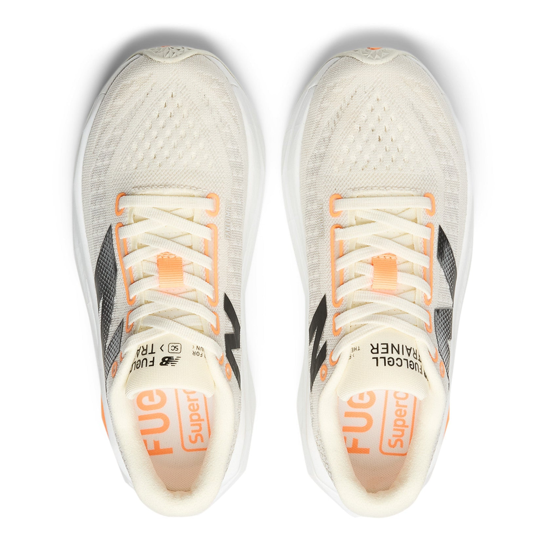 New Balance FuelCell SuperComp Trainer 3 men’s in Angora and Hot Mango and Black, pair viewed from above 
