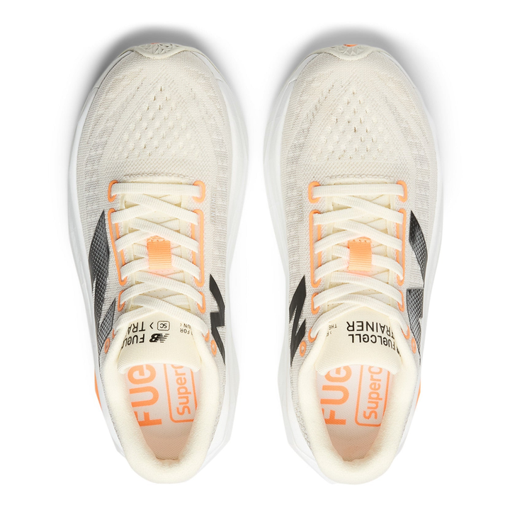 New Balance FuelCell SuperComp Trainer 3 men’s in Angora and Hot Mango and Black, pair viewed from above 