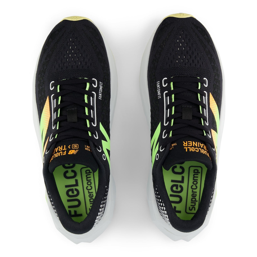 New Balance FuelCell SuperComp Trainer 3 men’s in Black and Phantom and Bleached Lime Glo, pair viewed from above 