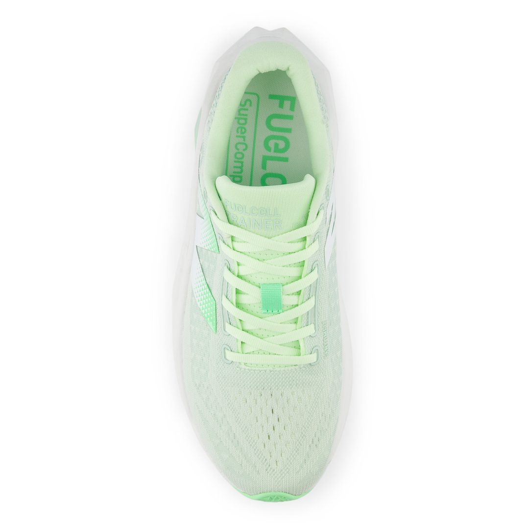 New Balance FuelCell SuperComp Trainer 3 men’s in Melon Water and Clay Ash and White, right shoe viewed from above 
