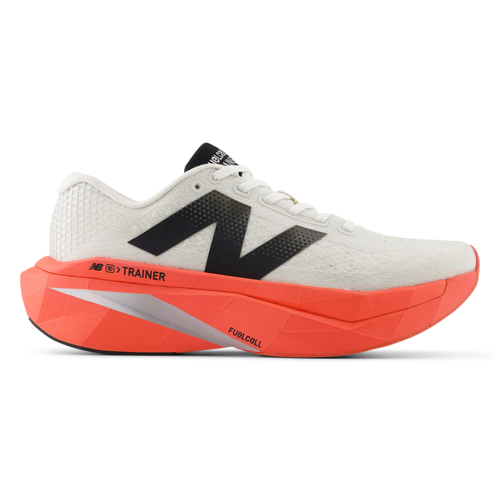 New Balance FuelCell SuperComp Trainer 3 men’s in Urgent Red and Sea Salt and Black, right shoe outside view 