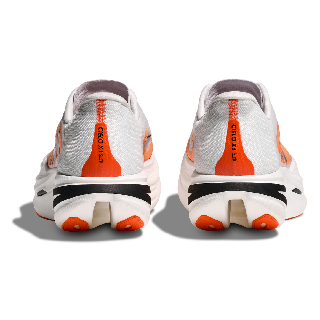 HOKA Cielo X1 2.0 in Frost and Lava, pair viewed from behind 
