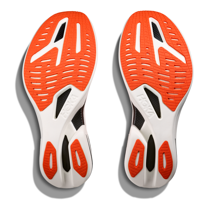 HOKA Cielo X1 2.0 in Frost and Lava, pair of outsoles 