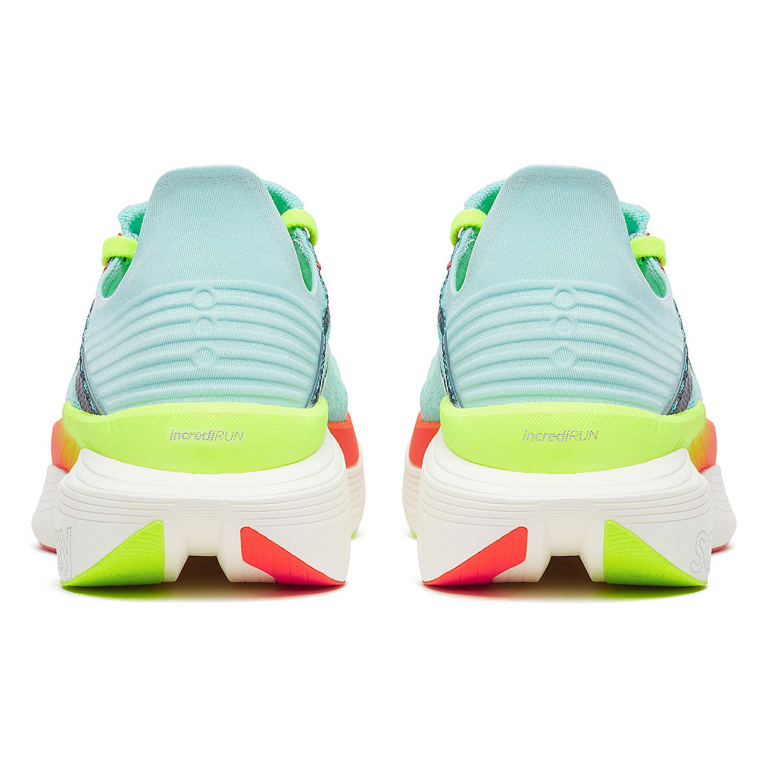 Saucony Endorphin Elite 2 in Splash and Fire, pair viewed from behind 