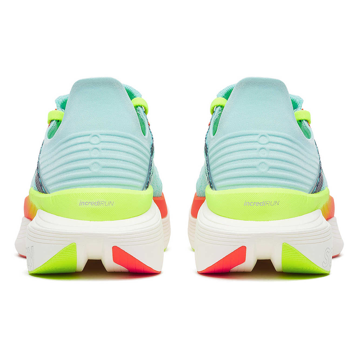 Saucony Endorphin Elite 2 in Splash and Fire, pair viewed from behind 