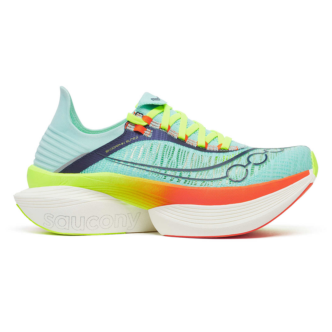 Saucony Endorphin Elite 2 in Splash and Fire, right shoe outside view #colour_splash-fire