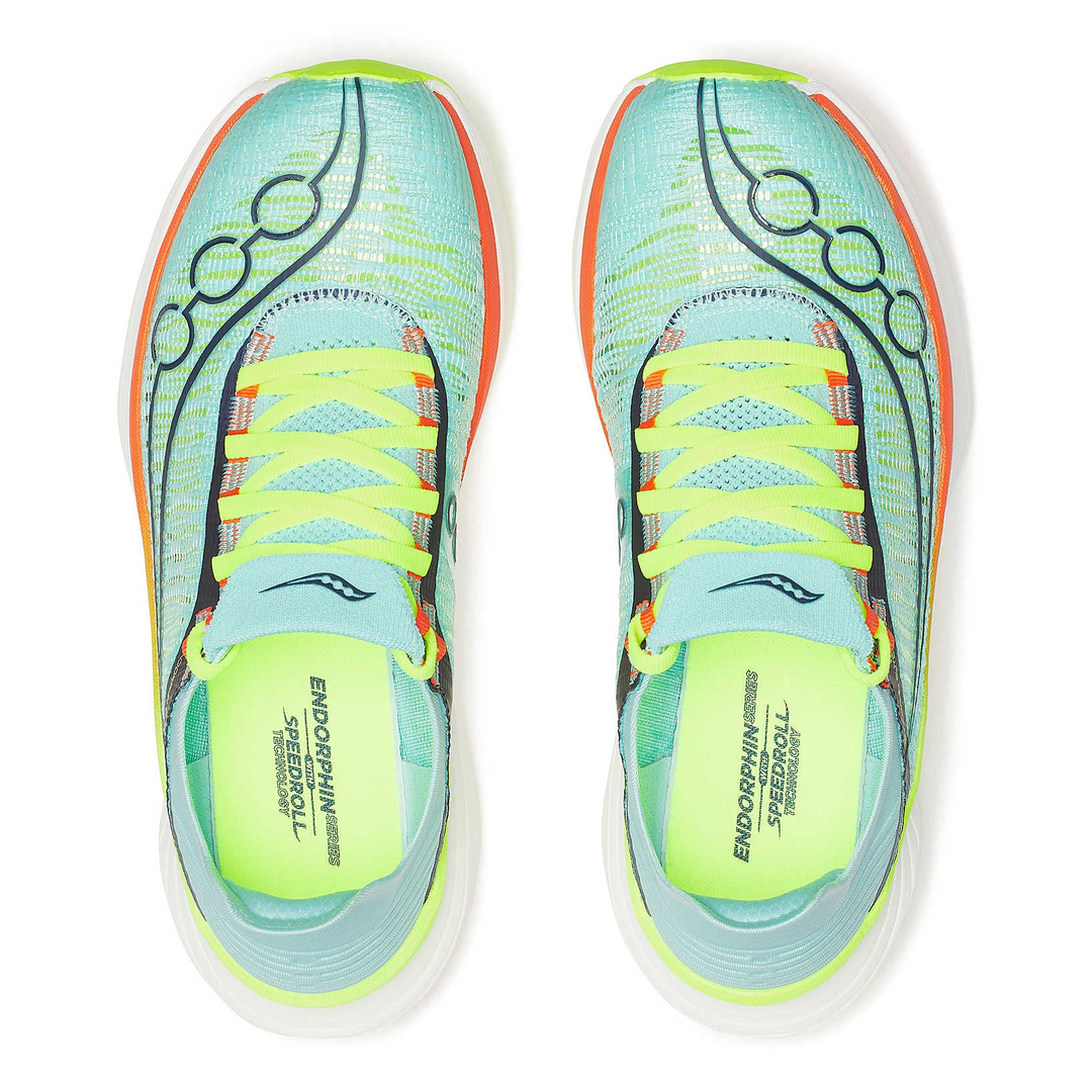 Saucony Endorphin Elite 2 in Splash and Fire, pair viewed from above 