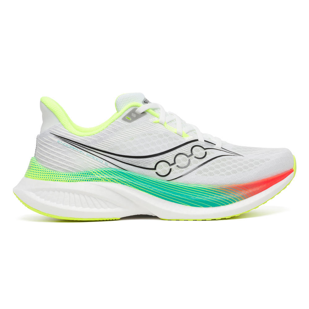 Saucony Endorphin Speed 5 men’s in White and Multi, right shoe outside view #colour_white-multi
