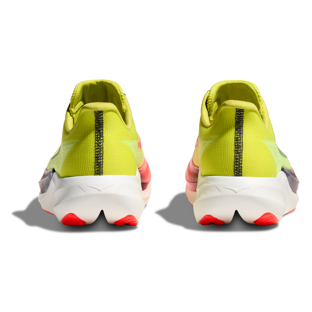 HOKA Rocket X 3 in Neon Yuzu and Squid Ink, pair viewed from behind 