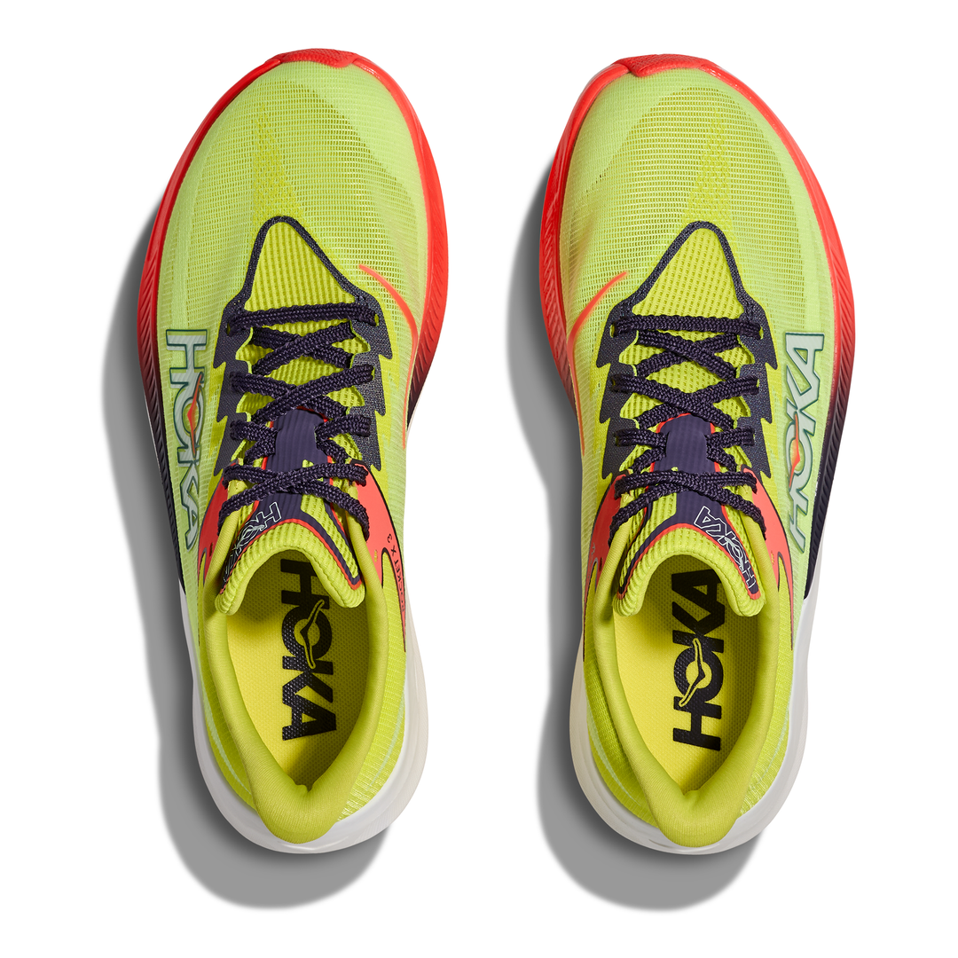 HOKA Rocket X 3 in Neon Yuzu and Squid Ink, pair viewed from above 