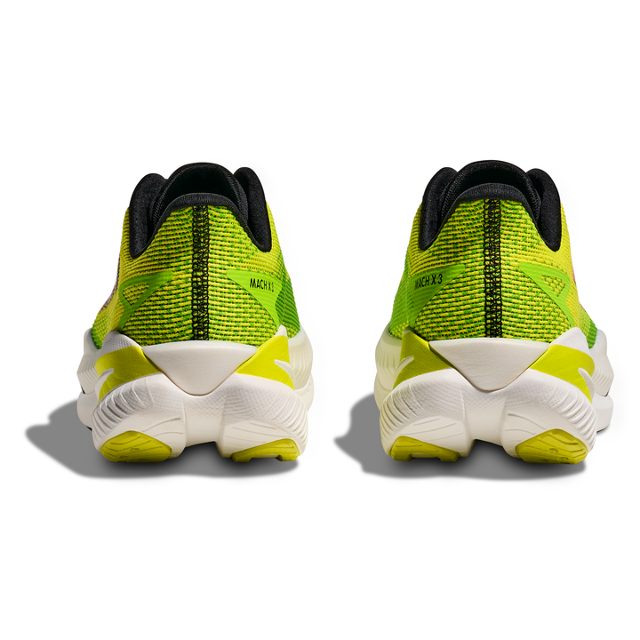 HOKA Mach X 3 men’s in Neon Citrus and Neon Lime, pair viewed from behind 