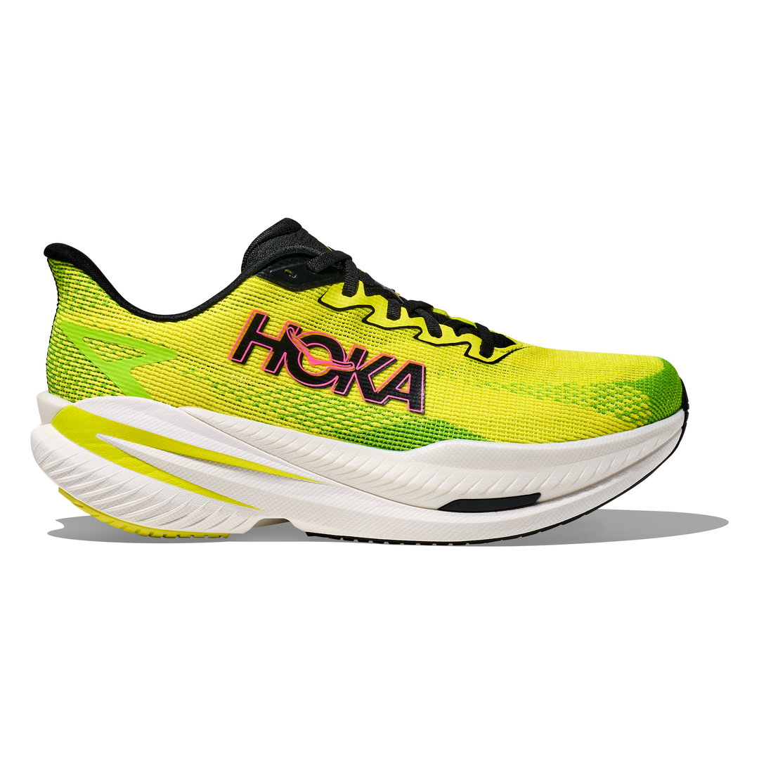 HOKA Mach X 3 men’s in Neon Citrus and Neon Lime, right shoe outside view #colour_neon-citrus-neon-lime