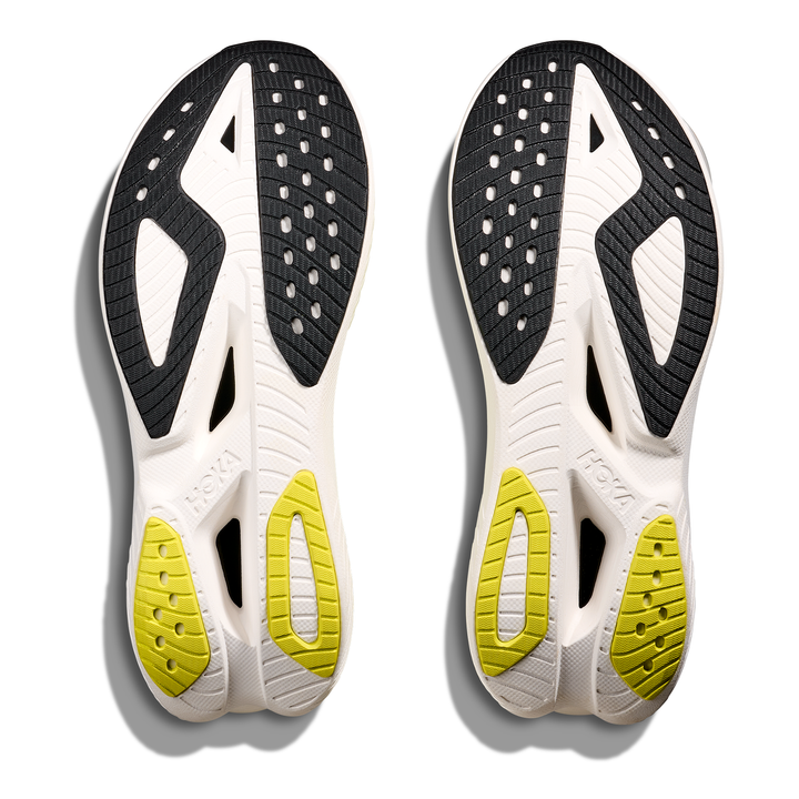 HOKA Mach X 3 men’s in Neon Citrus and Neon Lime, pair of outsoles 