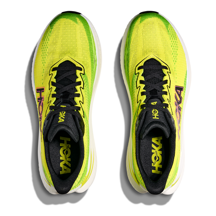 HOKA Mach X 3 men’s in Neon Citrus and Neon Lime, pair viewed from above 