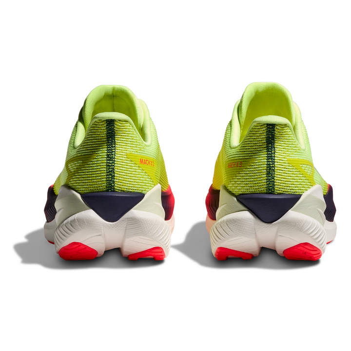 HOKA Mach X 3 men’s in Neon Yuzu and Squid Ink, pair viewed from behind 
