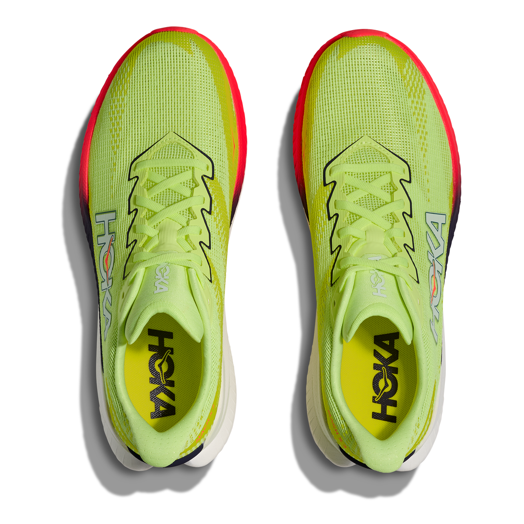 HOKA Mach X 3 men’s in Neon Yuzu and Squid Ink, pair viewed from above 