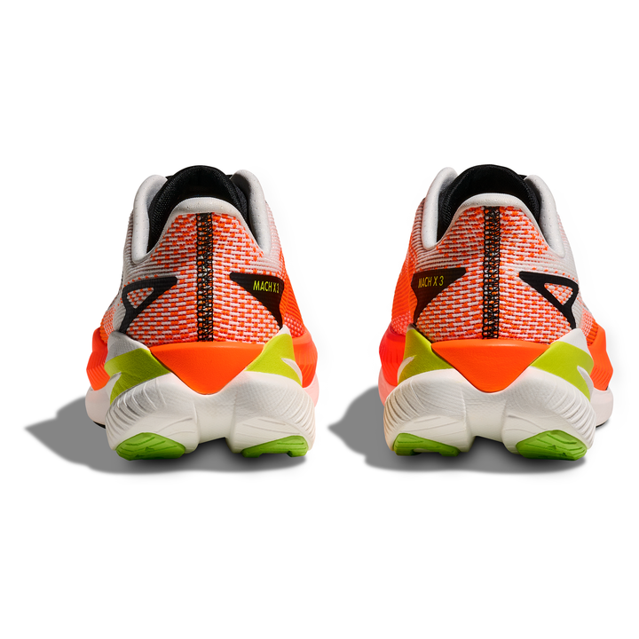 HOKA Mach X 3 men’s in White and Neon Tangerine, pair viewed from behind 