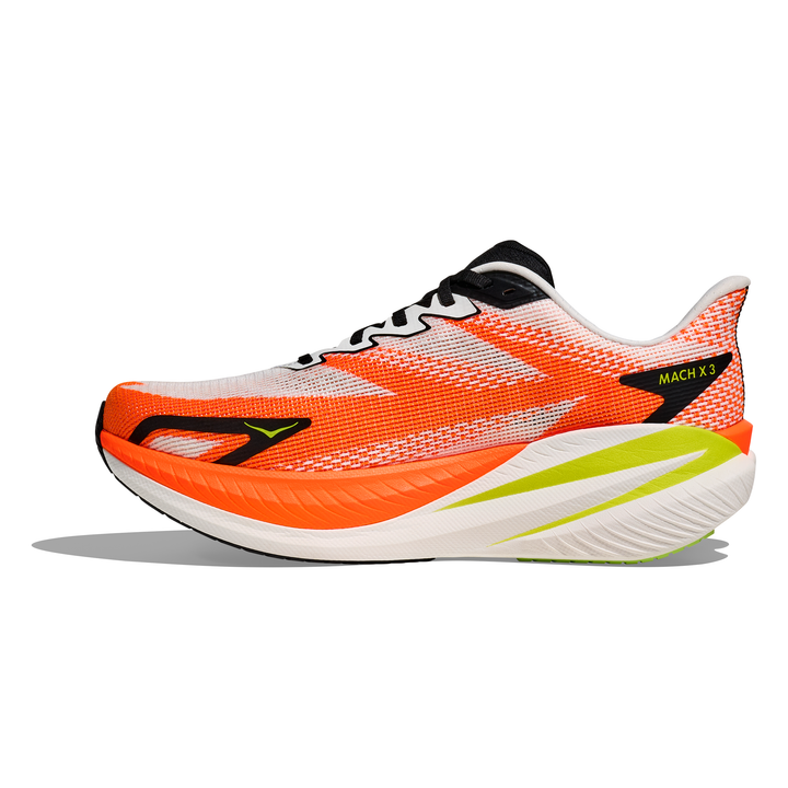 HOKA Mach X 3 men’s in White and Neon Tangerine, right shoe inside view 