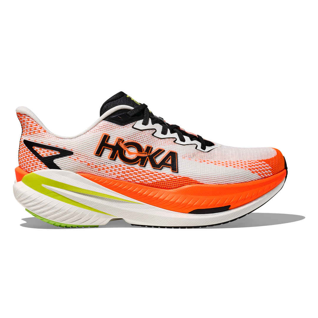 HOKA Mach X 3 men’s in White and Neon Tangerine, right shoe outside view 