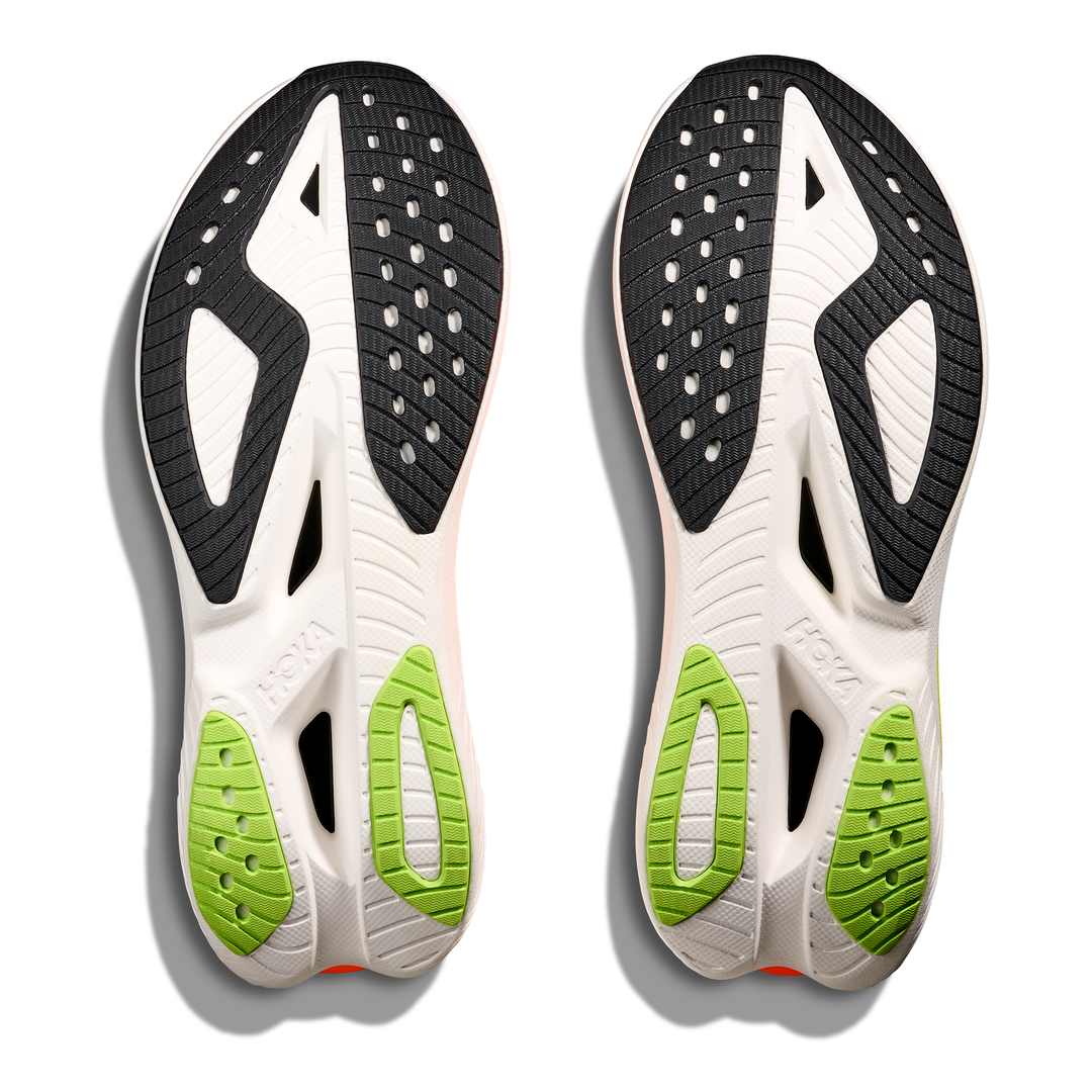 HOKA Mach X 3 men’s in White and Neon Tangerine, pair of outsoles 