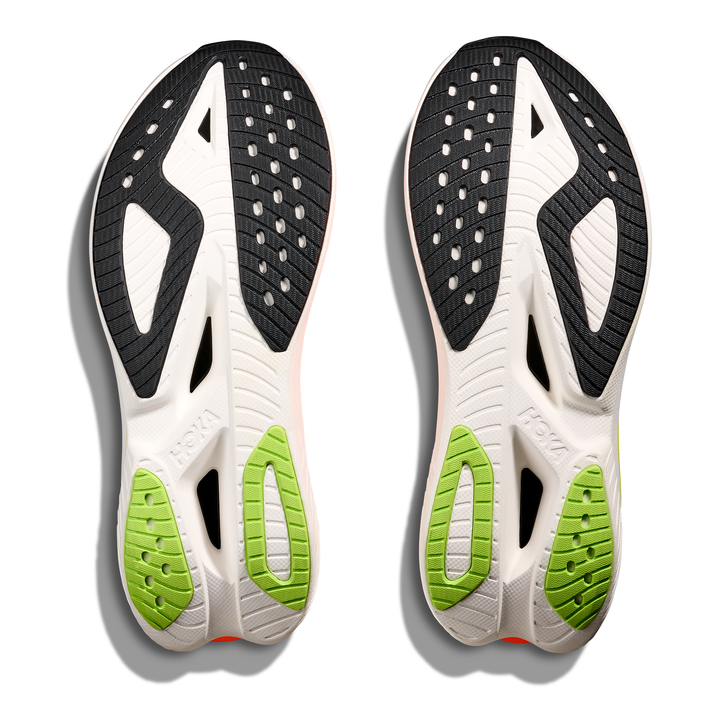 HOKA Mach X 3 men’s in White and Neon Tangerine, pair of outsoles 