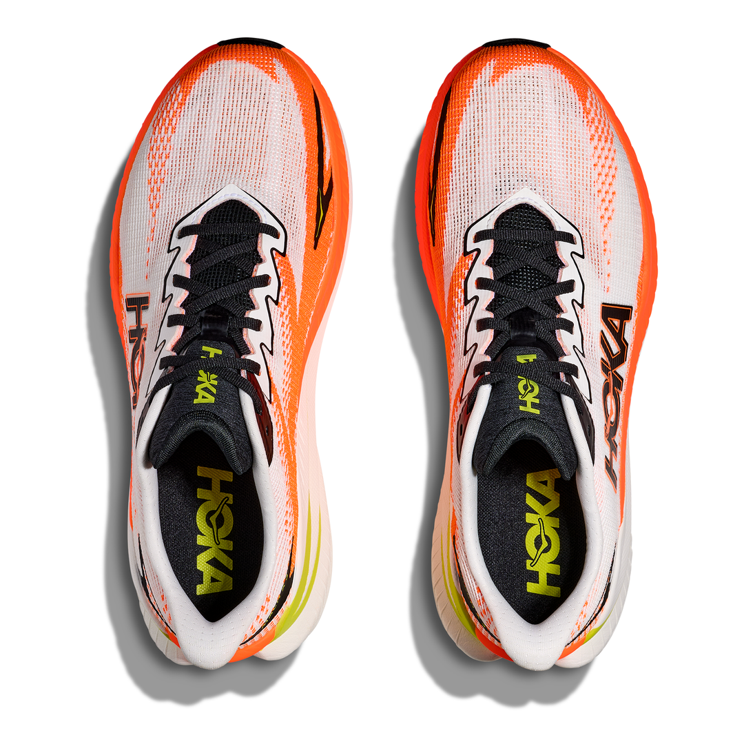 HOKA Mach X 3 men’s in White and Neon Tangerine, pair viewed from above 