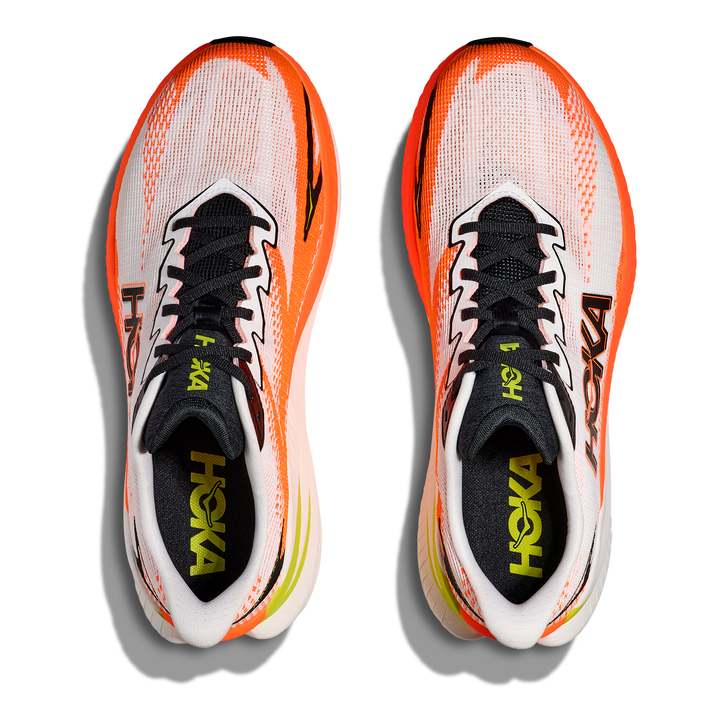 HOKA Mach X 3 men’s in White and Neon Tangerine, pair viewed from above 