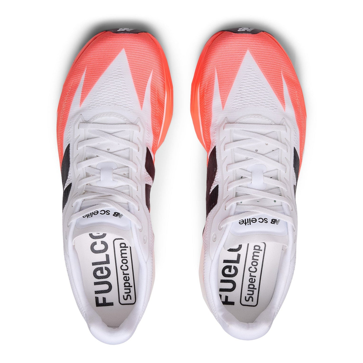 New Balance FuelCell SuperComp Elite 5 men’s in Urgent Red and White and Black, pair viewed from above 