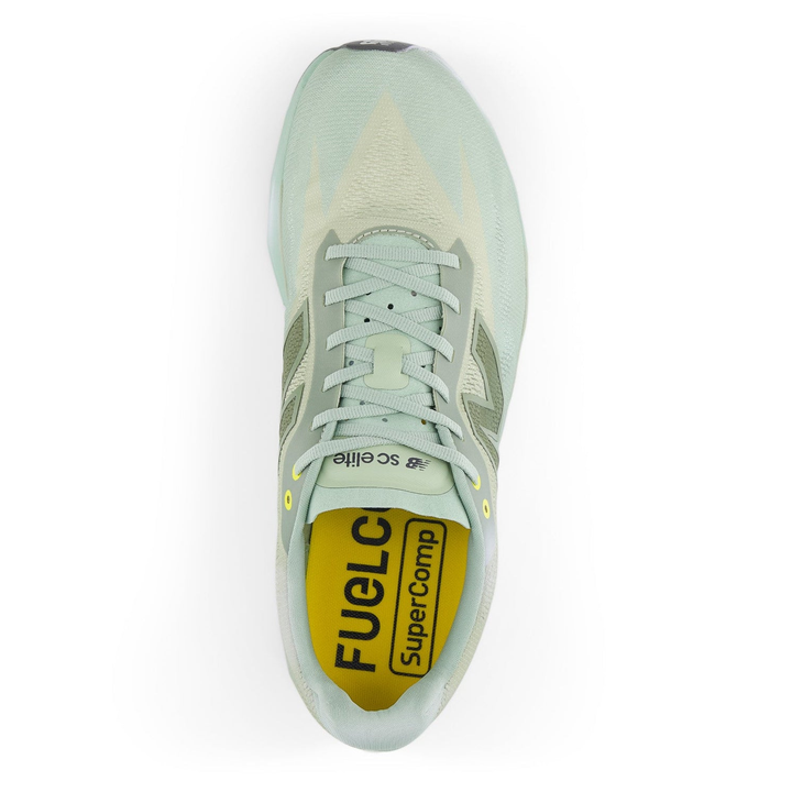 New Balance SuperComp Elite 5 men’s GINKYO COLLECTION in Garter Snake and Mosaic Green, right shoe viewed from above 