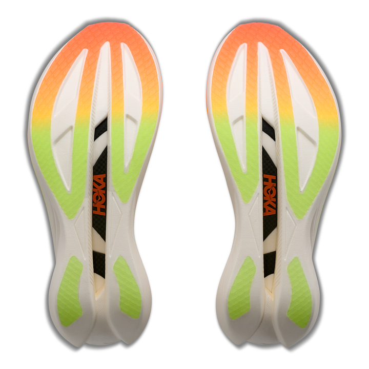 HOKA Cielo X1 3.0 in Frost and Black, pair of outsoles 