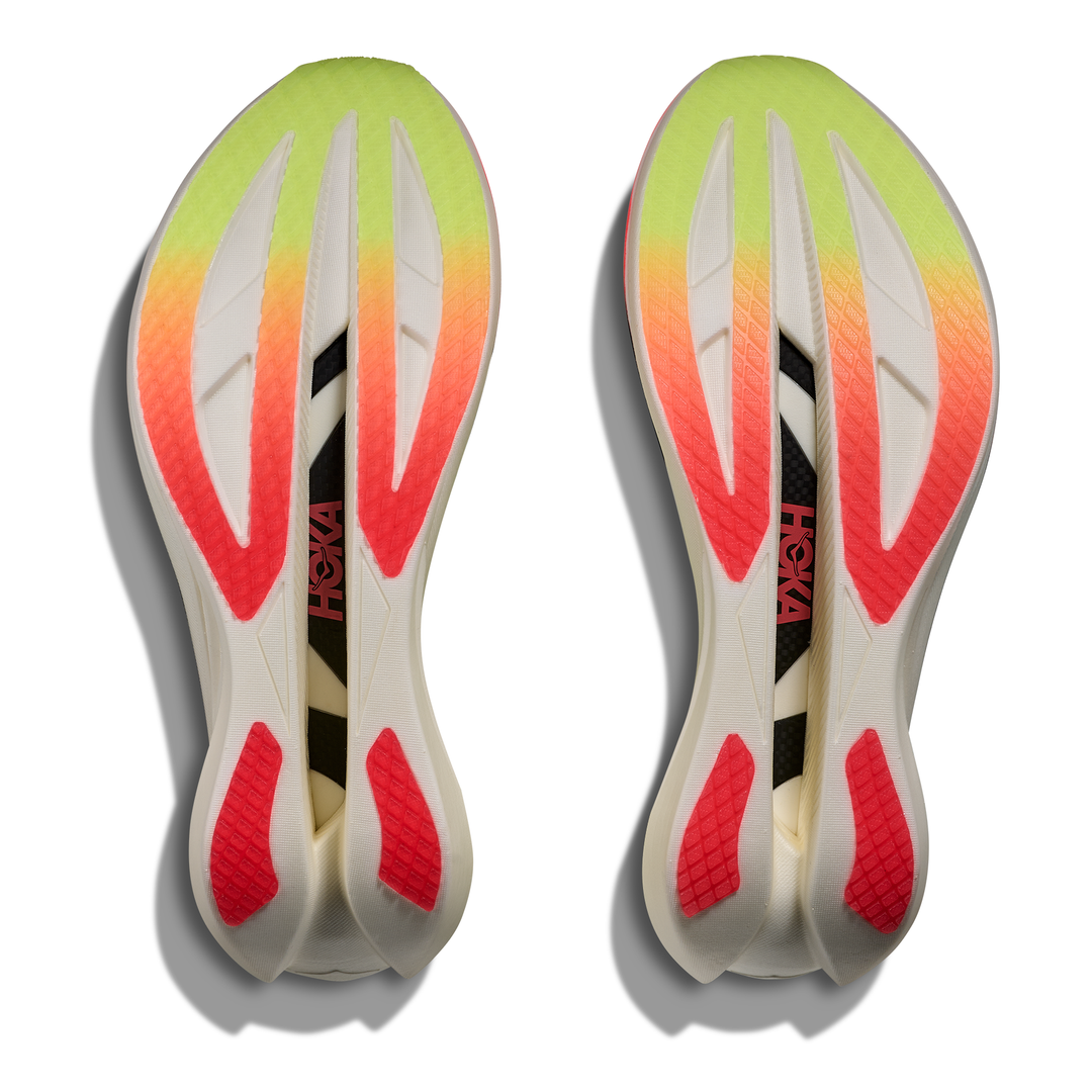 HOKA Cielo X1 3.0 in Neon Yuzu and Thyme, pair of outsoles 