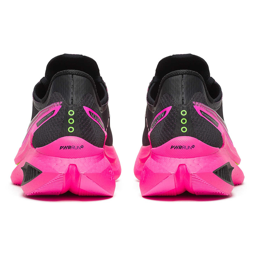 Saucony Endorphin Pro 5 men’s in Black and Shock, pair viewed from behind 