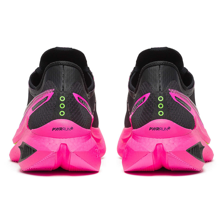 Saucony Endorphin Pro 5 men’s in Black and Shock, pair viewed from behind 