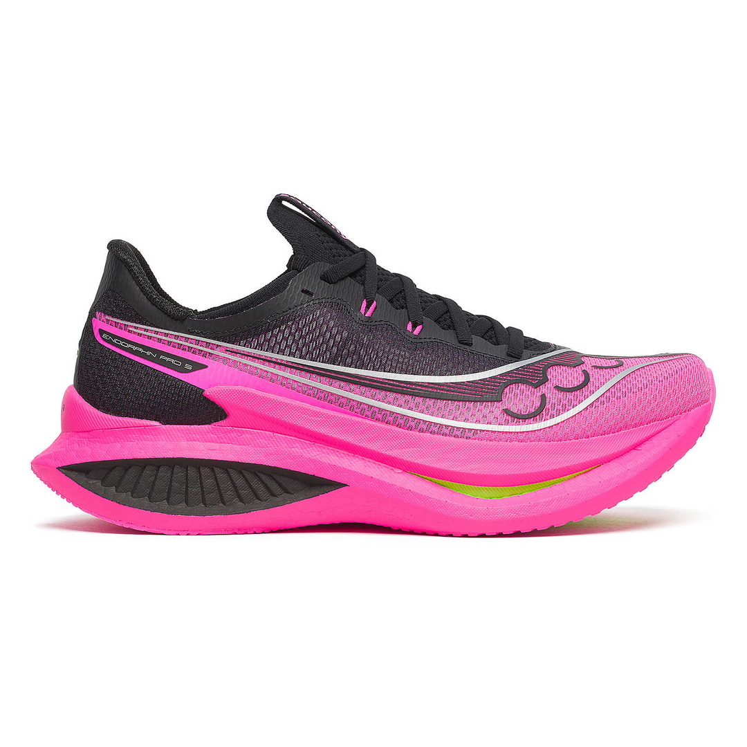Saucony Endorphin Pro 5 men’s in Black and Shock, right shoe outside view 