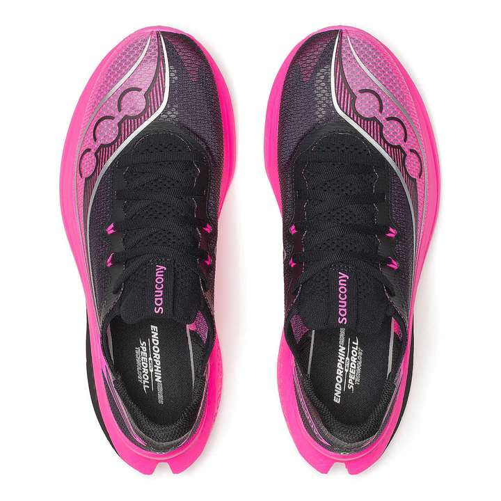 Saucony Endorphin Pro 5 men’s in Black and Shock, pair viewed from above 