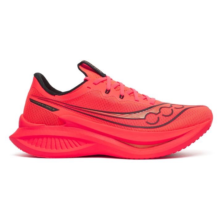 Saucony Endorphin Pro 5 men’s in ViziRed and Black, right shoe outside view 
