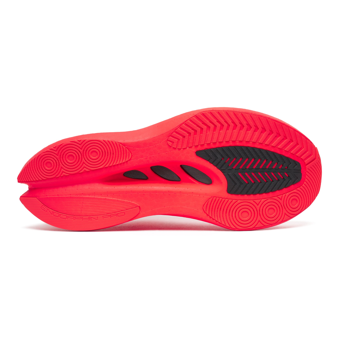 Saucony Endorphin Pro 5 men’s in ViziRed and Black, right shoe outsole 