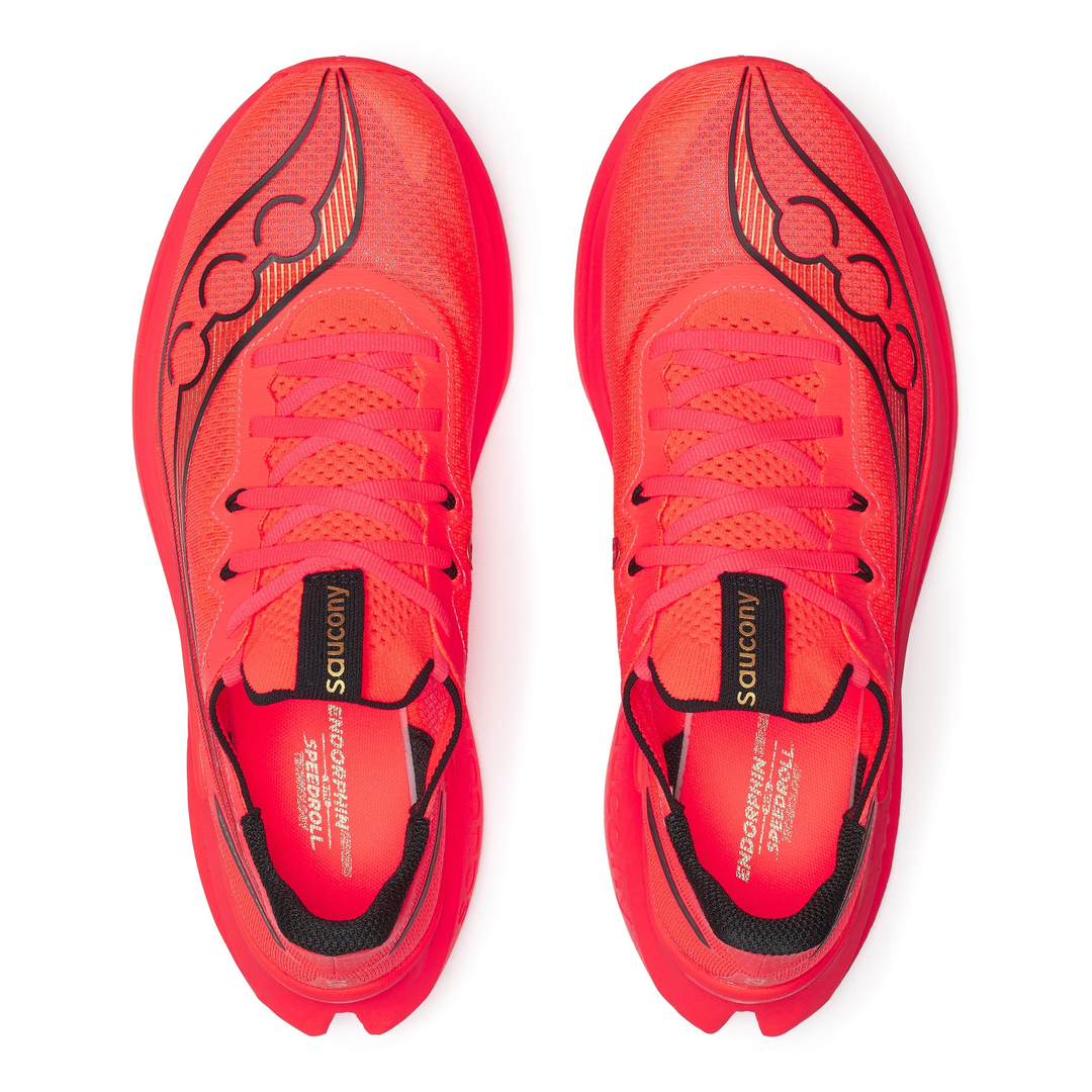 Saucony Endorphin Pro 5 men’s in ViziRed and Black, pair viewed from above 