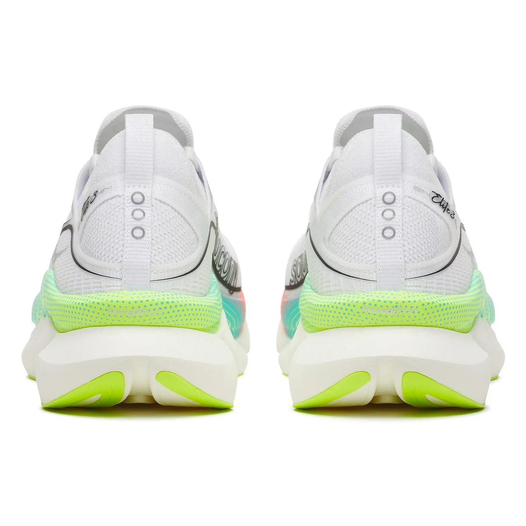 Saucony Endorphin Elite 3 in White and Multi, pair viewed from behind 